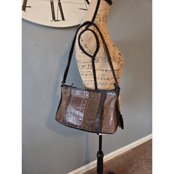 Fossil genuine leather suede y2k brown shoulder bag embossed floral print patch - Picture 1 of 10